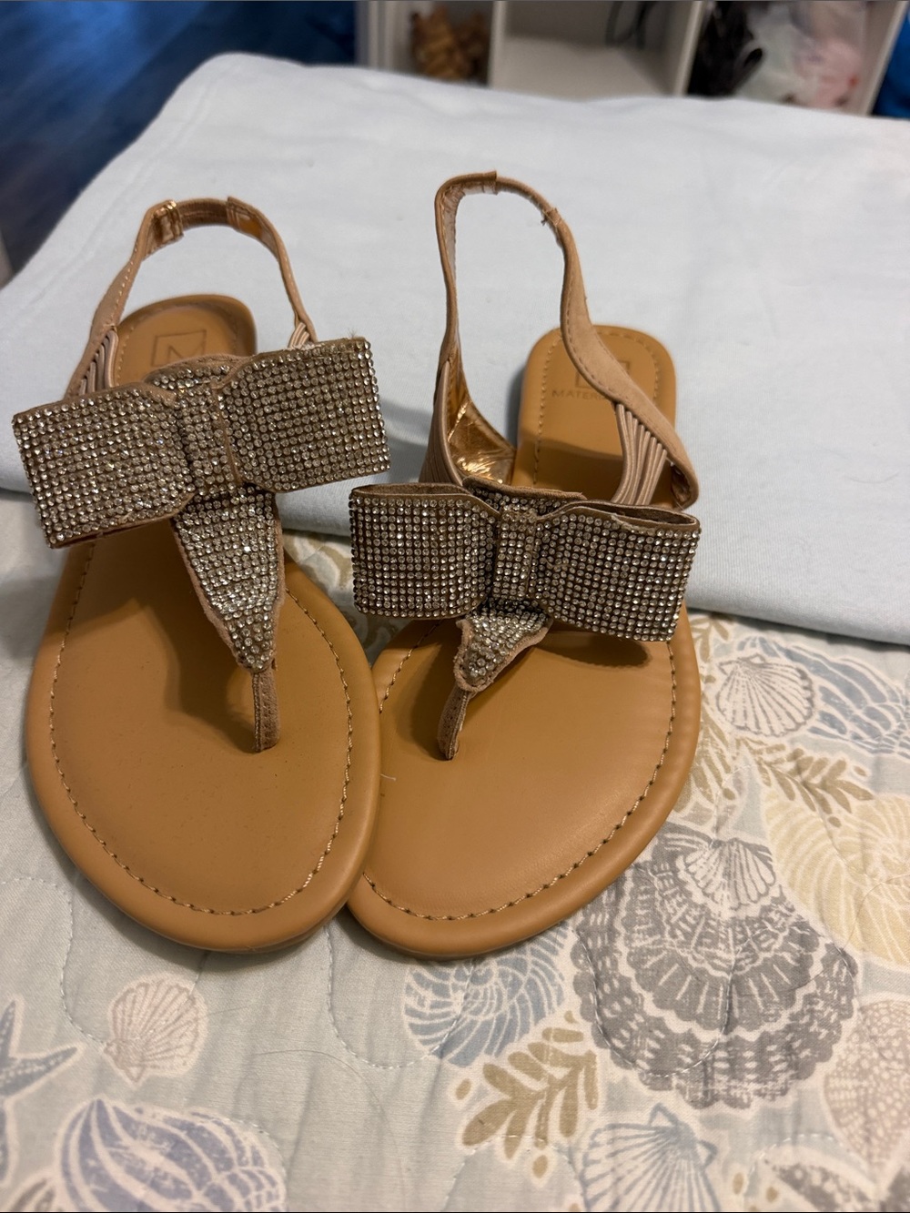 Tan Rhinestone Bow T-Strap Sandals